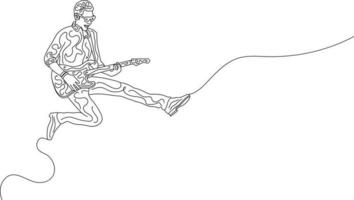 Single Line Art Doodle Art Bild eines energischen jungen Gitarristen, der auf die Bühne springt und Gitarre spielt. Vektor-Illustration eines durchgehenden Strichzeichnungsdesigns. Vektor-Illustration von Doodle-Kunst-Design. vektor