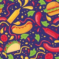 nahtloses Muster mit Fast Food und Senf- und Ketchupspritzern in Plastikflaschen für Saucen in einem flachen Stil einzeln auf violettem Hintergrund