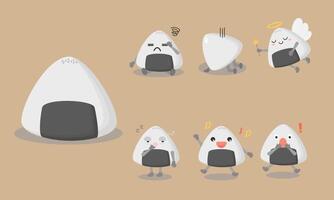 japanische Reisbällchen-Zeichentrickfiguren in verschiedenen Posen und Emotionen wie Verwirrung, Schwindel, Kollaps, Engel, Schlaf, Singen, Schock. vektor