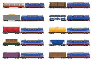 Stellen Sie Ikonen Eisenbahnzug mit Lokomotive und Wagenvektorillustration ein vektor