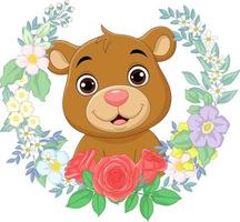 tecknad babybjörn med blommor bakgrund vektor