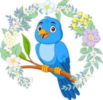 Cartoon blauer Vogel auf Ast mit Blumen Hintergrund vektor