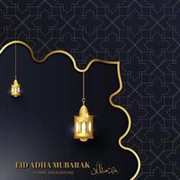 eid adha mubarak grußkarte schwarzgold mit islamischer laterne vektor