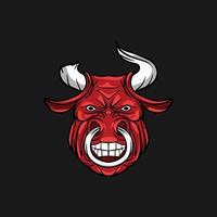 bull maskottchen charakter cartoon logo design, kuh, büffel, zeigt zähne, rotes wütendes tier mit gebrochener hornvektorillustration vektor