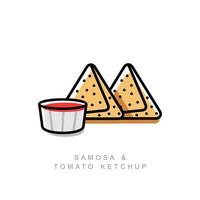 Samosa ist ein gebackener und gebratener indischer Snack mit einfachem Umrissvektor aus Tomatenketchup vektor