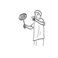 Strichzeichnungen Junge spielt Badminton mit Schläger und Federball in Händen Illustration Vektor handgezeichnet isoliert auf weißem Hintergrund