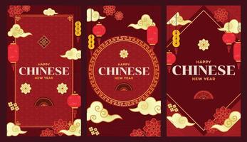 frohes chinesisches neujahr grußkarte, social-media-beitrag, geschichten und druckbare. einschließlich Cny-Elemente wie Laterne, Wolke, Handfächer und Blume vektor