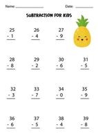 subtraktion med söt kawaii ananas. pedagogiskt matematikspel för barn. vektor