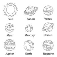 svartvit affisch med solsystemets planeter med namn. vektor