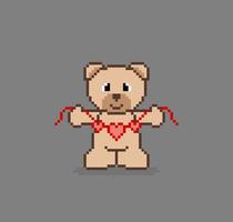 Pixel 8-Bit-niedlicher Bär, der einen Herzanhänger hält. Tierspiel-Assets in Vektorillustration. vektor