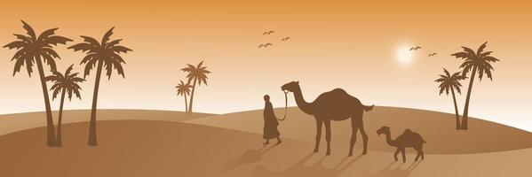 Menschen und Kamele, die auf der Wüste spazieren gehen, Silhouettenstil, schönes Sonnenlicht, Palme, islamische Webbanner-Hintergrundvektorgrafik vektor
