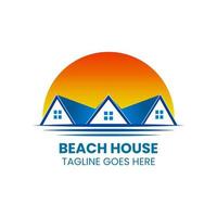 Logovorlage für ein Strandgasthaus. Es gibt drei Häuser in Form eines Logos mit der Sonne dahinter. vektor