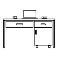 Desktop mit Laptop-Telefon und Teebecher Business-Zeug auf dem Tisch Symbol Umriss schwarze Farbe Vektor-illustration Flat Style Image vektor