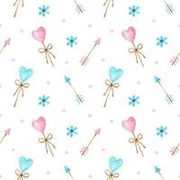 valentinstag aquarell nahtloses muster. blaue und rosa herzförmige lutscher, pfeile, blumen und konfetti. zartes festliches Design. perfekt für Geschenkpapier, Grußkarten, Hüllen, Textilien. vektor