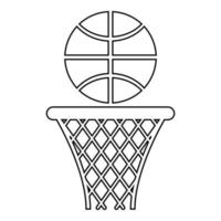 Basketballkorb und Ballkorbnetz und Ballsymbol umreißen schwarze Farbvektorillustration im flachen Stil vektor
