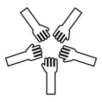fem händer grupp armar många händer förbinder öppna handflator människor sätter ihop händerna stack händer koncept enhet ikon kontur svart färg vektorillustration platt stil bild vektor