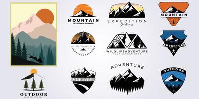 bunt berg äventyr utomhus logotyp vektor set illustration design samling, camping, vilda, liv, stil, hobby, sport