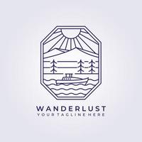 wanderlust segelbåt äventyr logotyp vektor ikon linjekonst enkel illustration design ram logotyp märke emblem naturlig utomhus