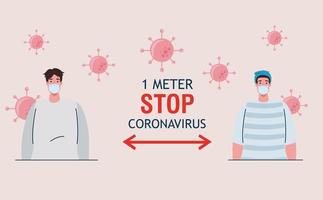 social distansering, stoppa coronaviruset en meters avstånd, håll avstånd i det offentliga samhället till människor som skyddar mot covid 19, män bär medicinsk mask mot coronavirus vektor