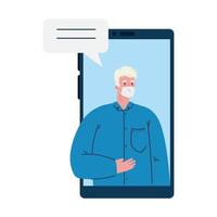 smartphone videosamtal, gammal man bär medicinsk mask, online under covid 19, konferens videosamtal vektor