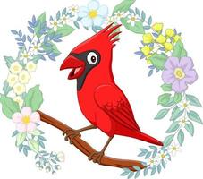 kardinalkardinalvogel der karikatur auf baumast mit blumenhintergrund