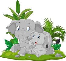 tecknad mor och baby elefant i gräset vektor
