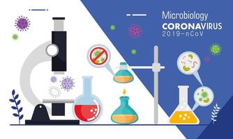 mikrobiologi för covid 19 med mikroskop och provrör vektor