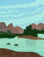illustration vektordesign av landskapet och naturen av berg, flod och skog vektor