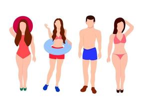 karaktär samling isolerade på vit full höjd person kropp baddräkt bikini unga kvinnor och man redo för stranden sola vektor