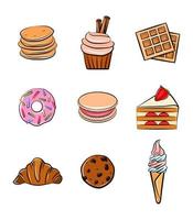Süßigkeiten Icon Set Vektor Illustration isoliert Clip Art Grafik Sticker Pack Cartoon Stil Essen Kuchen Waffel Pfannkuchen Croissant Eis Donut Kekse