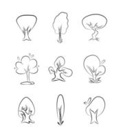 baum icon set vektorgrafik linie kunst emblem schwarz umriss drucken skizze wald park garten pflanze natur illustration isoliert auf weiß gekritzel botanische dekoration vektor