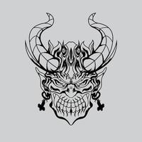 handgezeichnete Schwarz-Weiß-Tätowierungen Kunstwerke Teufel Satan Maske Oni Dämonenhorn Vektorillustration