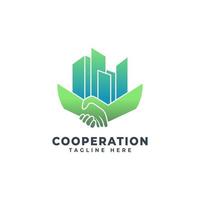 Handshake-Logo-Design und moderne städtische Gebäude als Symbol für geschäftliche Zusammenarbeit