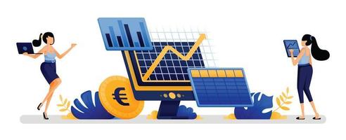 vektorillustration av kvinnor använder bokföringsprogram för att analysera resultat och steg som företag måste vidta för att investera och växa. designad för webbplats, webb, appar, affisch, banner, målsida, hemsida vektor