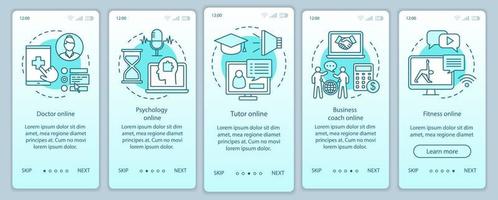 Online-Dienste beim Onboarding mobiler App-Seitenbildschirm-Vektorvorlage. Berater interaktive Hilfe. Walkthrough-Website-Schritte mit linearen Illustrationen. ux, ui, gui smartphone-schnittstellenkonzept vektor