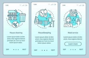 hausservice onboarding mobiler app-seitenbildschirm, lineare konzepte. Haus aufräumen. Zimmerreinigung. drei Walkthrough-Schritte mit grafischen Anweisungen. Haushalt. ux, ui, gui-vektorvorlage, illustrationen vektor