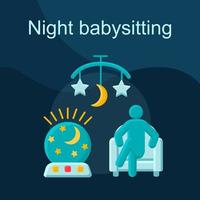 Nacht, abends Babysitting flaches Konzept Vektor Icon. Kind, Neugeborenes, Säuglingspflegeidee, Karikaturfarbillustrationen eingestellt. Kindermädchen, Babysitter zu Hause. isoliertes Grafikdesign-Element