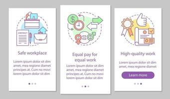 Arbeitsethik beim Onboarding der mobilen App-Seitenbildschirmvektorvorlage. sicherer Arbeitsplatz, gleicher Lohn für Arbeit. Walkthrough-Website-Schritte mit linearen Illustrationen. ux, ui, gui Smartphone-Schnittstellenkonzept vektor