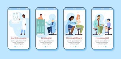 medizinische untersuchung beim onboarding der mobilen app-bildschirmvorlage. Augenarzt, Urologe, Dermatologe, Neurologe. Walkthrough-Website mit flachen Zeichen. ux, ui, gui smartphone-cartoon-schnittstelle vektor