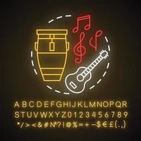 Symbol für Neonlichtkonzept der mexikanischen Musik. akustische Soundparty. Folk-Band-Instrumente. trommel, gitarre, musikalische symbolidee. leuchtendes zeichen mit alphabet, zahlen und symbolen. vektor isolierte illustration