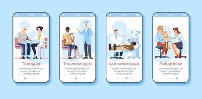 Bildschirmvorlage für das Onboarding mobiler Apps für Medizin und Gesundheitswesen. Therapeut, Traumatologe, Kinderarzt. Walkthrough-Website-Schritte mit flachen Zeichen. ux, ui, gui smartphone-cartoon-schnittstelle vektor