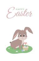 Frohe Ostern Grußkarte mit niedlichen Cartoon-Osterhasen, Eiern und Text. Konzept-Vektor-Illustration. vektor