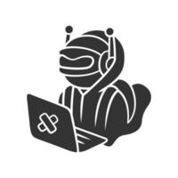 Hacker-Bot-Glyphe-Symbol. Virus-Roboter. Cyberpiratenangriff, Kriminalität, Cyberkriminalität. Computer Virus. bösartige Software, ai. Computer hacken. Silhouettensymbol. negativer Raum. vektor isolierte illustration