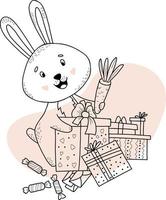 süßes kaninchen mit geschenken, boxen, süßigkeiten und karotten. Vektor-Illustration. lustiges Tier im Stil von handgezeichneten linearen Kritzeleien für Design und Dekoration, Grußkarten, Kinderkollektion vektor