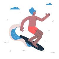 Hipster-Surfer. junger mann, der auf welle surft. gesunder aktiver lebensstil und kreatives konzept für extremen surfbrettsport. männliche person auf surfbrett. Vektor-Eps-Kunst-Illustration vektor