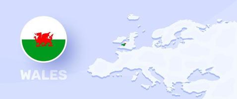 wales-kartenflaggenbanner. vektorillustration mit einer karte von europa und hervorgehobenem land mit nationalflagge vektor