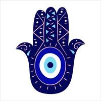 isolierte Hamsa-Hand mit bösem griechischem Auge. Türkisches Amulett mit blauen Symbolen und Dreiecken. flache Artillustration des Vektors vektor