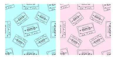 handgezeichnete kassette und mixtape nahtloses muster, blauer und rosa cartoon-doodle-hintergrundsatz für musiktechnologie oder audiogeräte vektor
