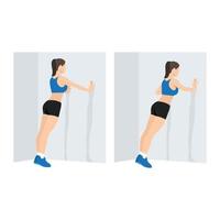 kvinna gör vägg push up. stående press up träning. platt vektorillustration isolerad på vit bakgrund. tränings teckenuppsättning vektor