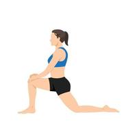 kvinna gör anjaneyasana eller låg utfall yoga pose, vektor illustration i trendig stil